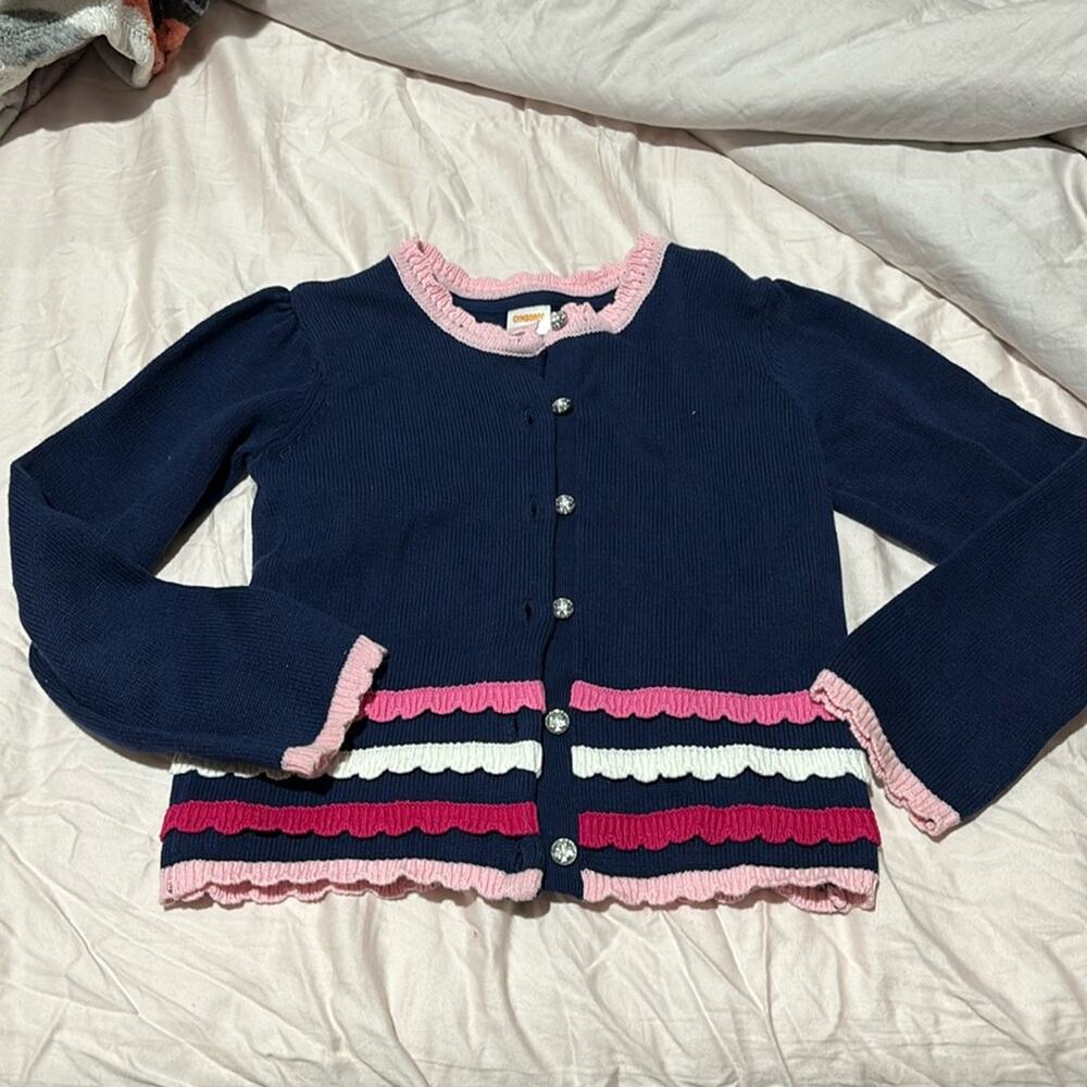 Gymboree 7 💯cotton cardigan blue pink cream crystal like buttons worn once euc